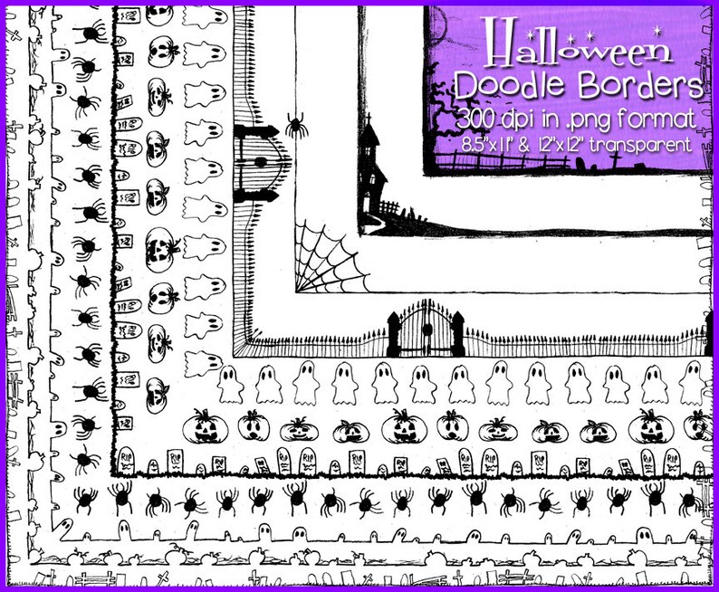 Pode incluir: Um conjunto de bordas de doodle de Halloween em preto e branco com fantasmas, ab&oacute;boras, aranhas e cercas. As bordas s&atilde;o de 300 dpi em formato PNG e medem 8,5 x 11 polegadas e 12 x 12 polegadas.