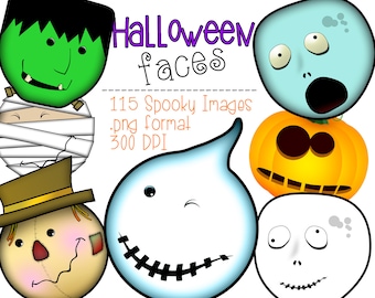 Halloween Faces Clipart: Spooky Frankenstein, Ghost, Mummy (Instant Download)
