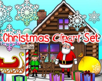 Christmas Holiday Clipart Set: Santa, Elf, Sleigh (PNG)