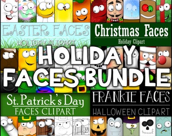 Holiday Faces Clipart Bundle: Halloween, Christmas, Easter, St. Patrick's Day