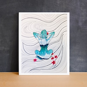 May include: A watercolor painting of a woman sitting with her arms raised above her head. Her body is made up of blue and green water and waves. The background is a white canvas with black lines that resemble waves. There are pink flowers scattered around the woman.