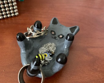 Miniature Ceramic Statue Ring Tree Cactus and Cow Skull with 22k Gold Tips Ring Holder Jewelry Holder