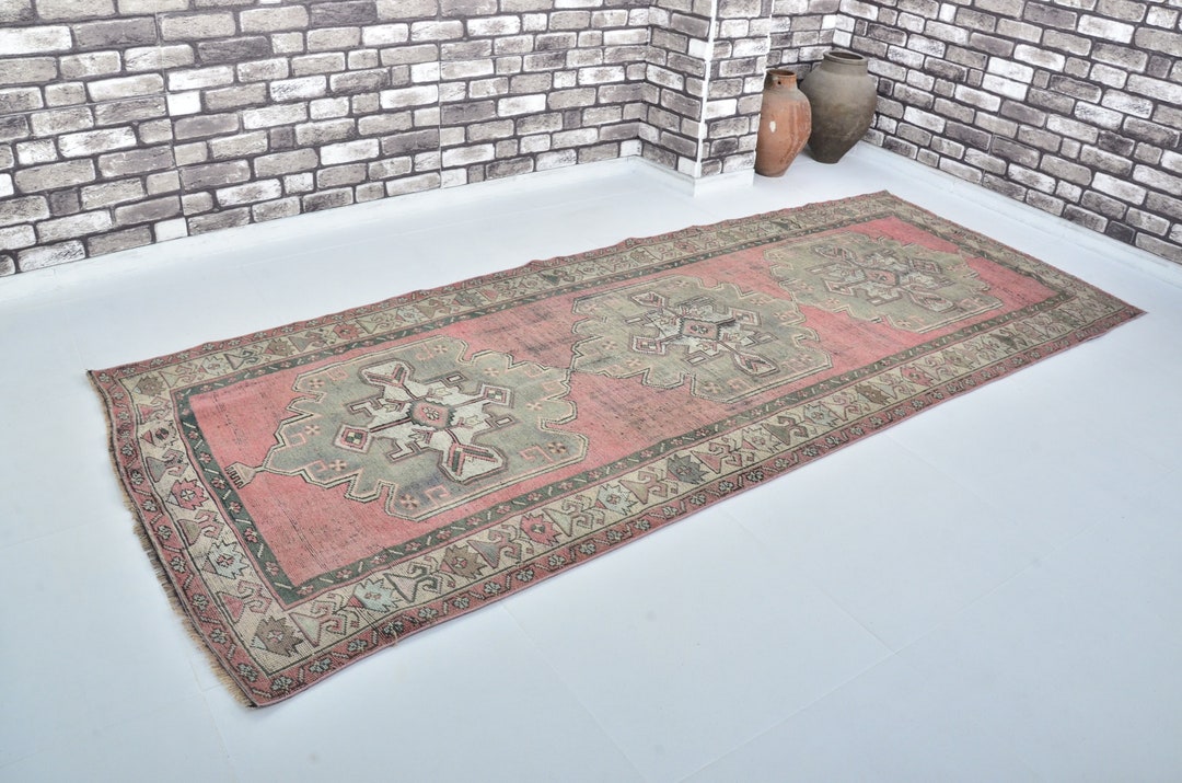 4x11 Turkish Faded Runner Rug, Oushak Rug, Vintage Hallway Runner Rug