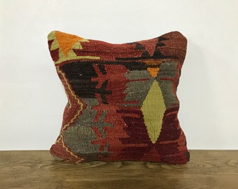 Vintage Handmade Pillow, Turkish Red Cushion, Decorative Vintage Pillow, Red Kilim Pillow, Pillow Cushion, Pillow, 16x16 inc (40x40 cm) 674