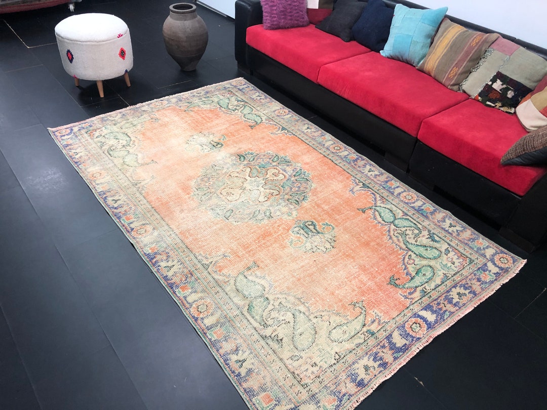 Orange Vintage Rug, Boho Area Rug, Distressed Rug, Vintage Rug