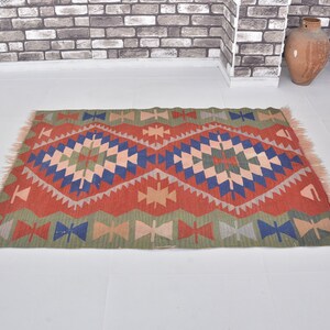 Turkish Kilim Rug, 4x5 Vintage Kilim, Kilim Rug, Boho Decor, Mid Century Farmhouse Decor, Geometric Design kilim, Handmade Kilim, Wool Kilim