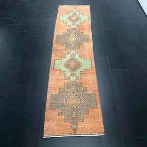 Antique Turkish Runner, Orange Runner Rug, Faded Runner, Boho Rug, Rustic Rug, Decorative Rug, Wool Handmade Rug, 12.6 ft x 3.1 ft, 2552
