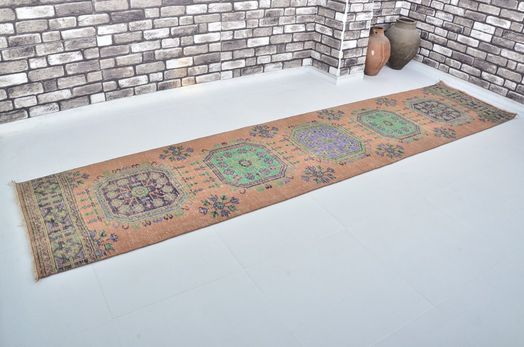 Vintage 3x12 Runner Rug, Oushak Low Pile Tribal Long Runner, Wool