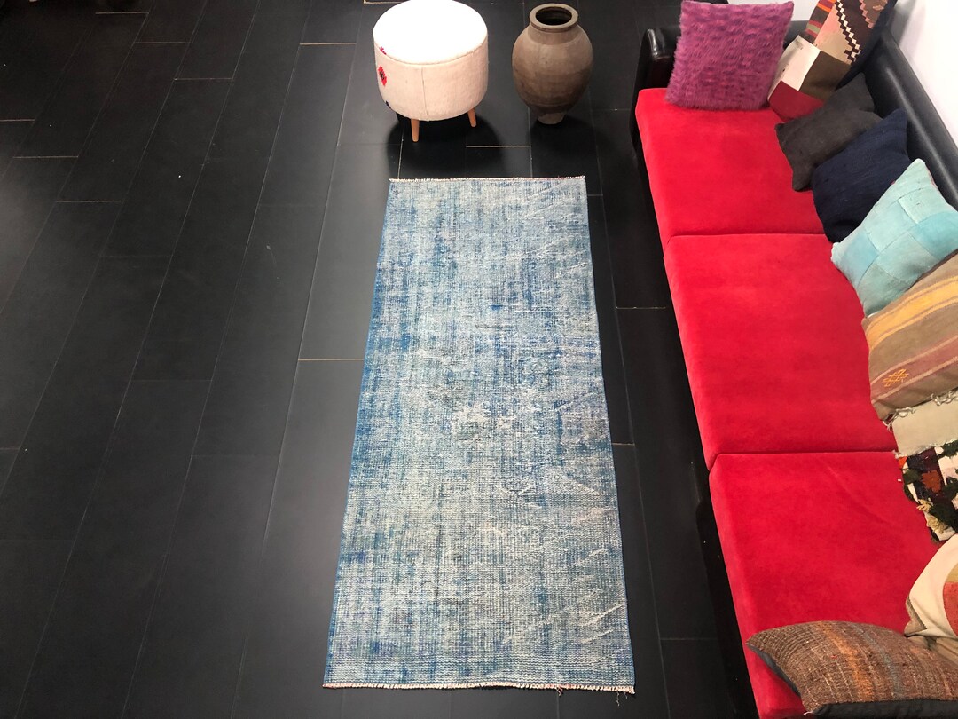 3x7 Ft Blue Runner Rug, Blue Overdyed Rug, Turkish Rug, Hand Knotted