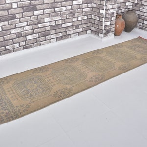 Oushak Nomadic Turkish Runner Rug, 3x11 Floral Design Handmade Brown Hallway Runner Rug, Old Decorative Tribal Runner Rug, Pale Runner