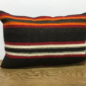 Authentic Pillow, Tribal Turkish Pillow, Vintage pillow, Wool Pillow, Decorative Striped Design Pillow, Black Kilim Pillow, 16x24 Pillow 988