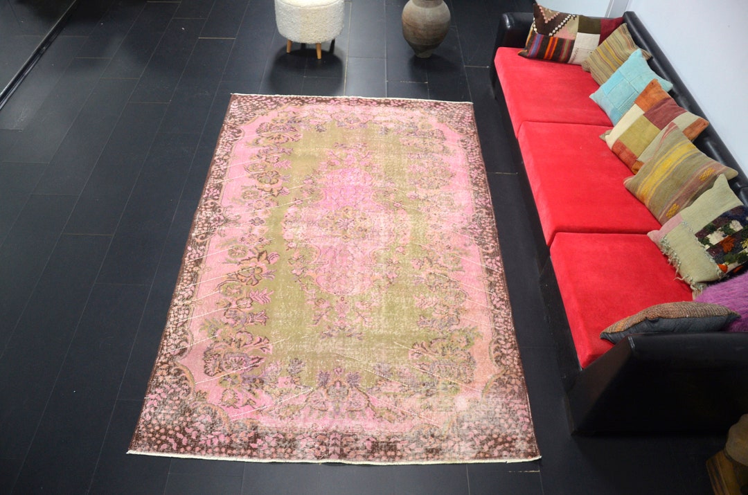 Pink and Green Modern Decor Rug Vintage Home Rug Overdyed Etsy