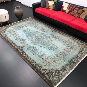 Vintage Rug, Aqua Blue And Gray Area Rug, Anatolian Etnic Rug, HandKnotted Rug, 9'6x5'9 Ft, Decorative Floor rug, Faded Turkish Rug, V943