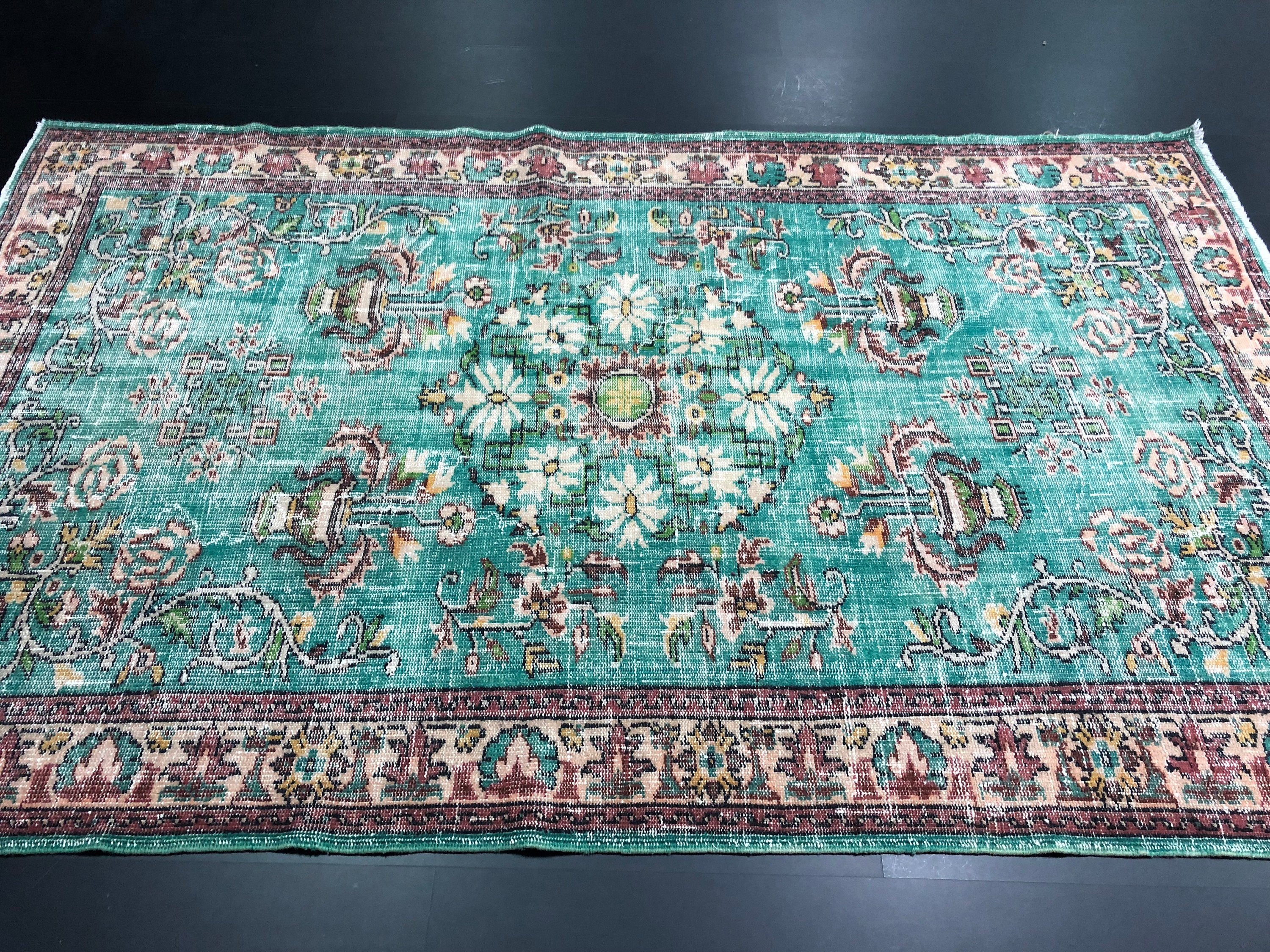 Authentic Decorative Turkish Handmade Area Rug, Turquoise Floral ...