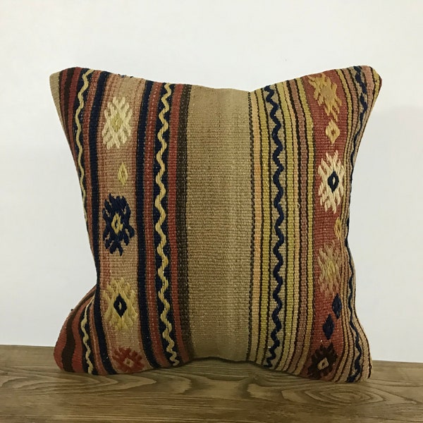 Authentic Kilim Pillow, Turkish pillow, Kilim Cushion, Striped Pillow, Antique pillow, Traditional Pillow, Wool Pillow case, 16x16 inc, 579