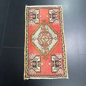 Antique Small Rug, Vintage Handmade Rug, Turkish Medallion Design Rug, Faded Small Rug, Oushak Doormat, Ethnic Rug, 3 ft x 1.6 ft, SKU:62