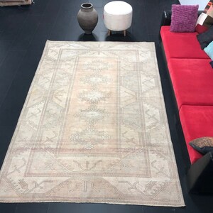 Pastel Oushak Rug, Turkish Handmade Rug, Faded Floor Rug, Bohemian Decor Rug, Peach-Beige Turkish Rug,Antique Rug, 9.4 ft x 6.4 ft, C1168