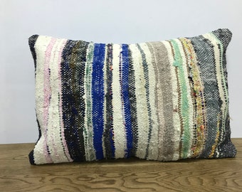 Boho Lumbar Pillow, Turkish Cotton Cushion, vintage Pillow, Stripe Pillow, Natural Pillow, Coton Kilim Cushion, Pillows 16x24, SKU:961