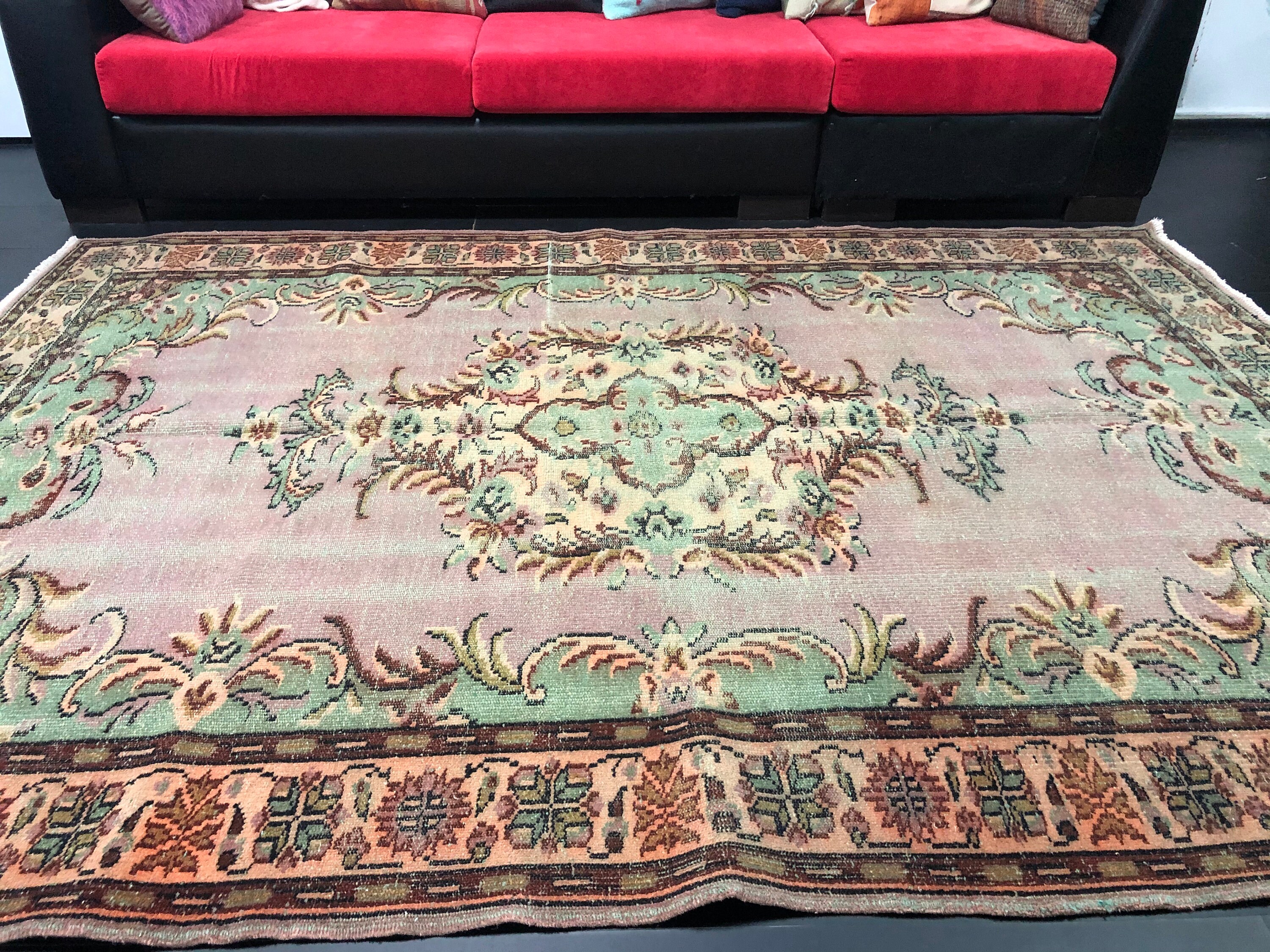 Pink and Green Area Rug Turkish Rug Distressed Rug Faded Etsy
