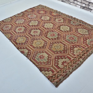 Vintage Turkish Kilim Rug, Aztec Design Area Rug, Oushak Kilim, Authentic Boho Decor Kilim Rug, Turkish Kilim Rug, 7.4 x 5.5 ft, C1650