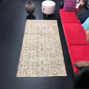Floral Design Rug, Beige Rug, Handmade Rug, Distressed Rug, Traditional Rug, Wool Rug, Handmade Rug, Vintage Rug, 7.4 ft x 3.9 ft, C1356