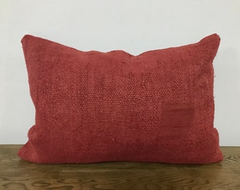 Red Hemp Pillow, Turkish Kilim pillow, Sofa Pillow, Decorative pillow, Organic Pillow, Red Cushion Cover, Handwoven Pillow 16x24 inc, 417