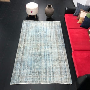 Blue Gray Rug, Overdyed Turkish Area Rug, 5x8 Rug, Handmade Faded Light Blue Rug, Modern Unique Rug, Wool Rug, Luxury Living Room Rug