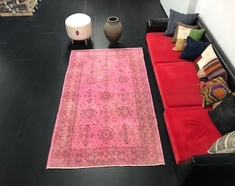 Hot Pink Color Rug, Handmade Floral Design Rug, Oushak Rug, Faded Living Room Rug, Floor Carpet, Vintage Overdyed Carpet, Turkey Area Rug