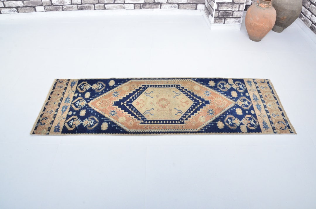 Navy Blue & Orange Modern Narrow Runner Rug, 2x6 Handmade Wool Rustic ...