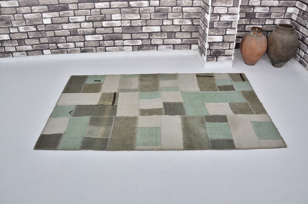 Turqoise and Olive Green Color Patchwork Rug, Hemp Modern Rug, Turkey ...