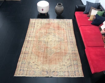 6x8 Turkish Rug, Orange Color Distressed Rug, Faded Vintage Rug, Nomadic Turkey Anatolian Rug, Hand Woven Carpet, Home Decor Antique Rug