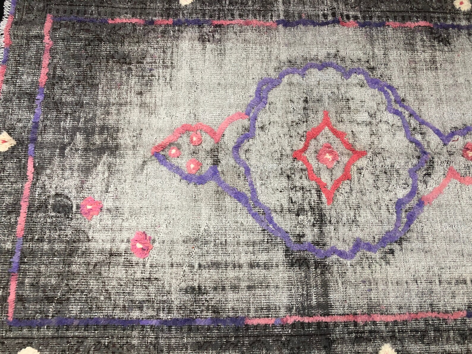 Distressed Turkish Rug, Gray Overdyed Rug, Handmade Pompom Rug, Vintage ...