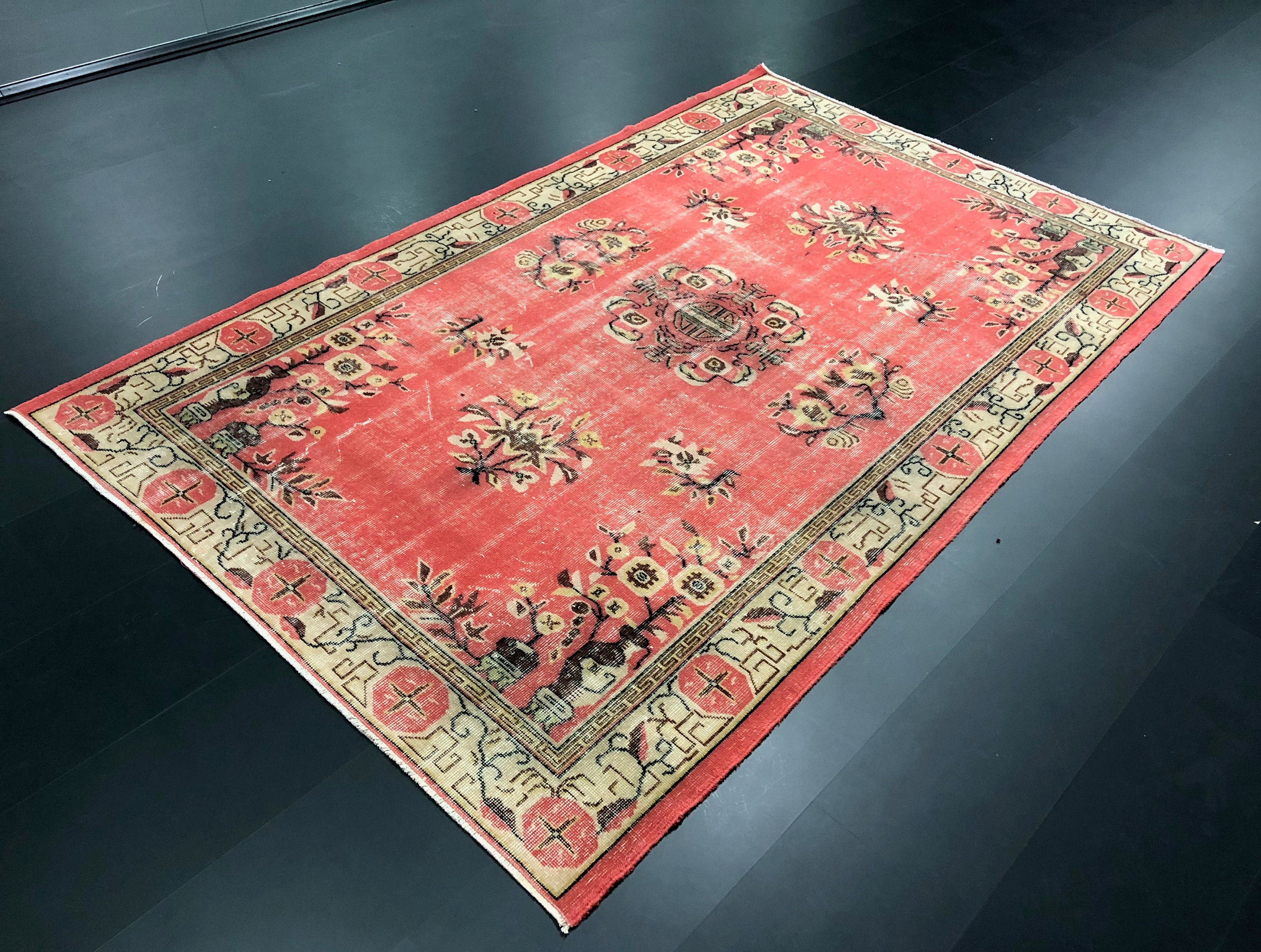 Vintage Decorative Turkish Handmade Area Rug, Floral Design Rug