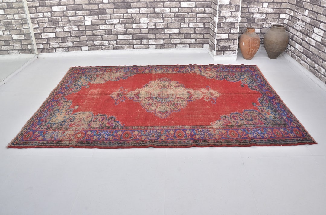 Red Vintage Carpet, Designer Faded Rug, 6x9 Antique Area Rug, Medallion ...