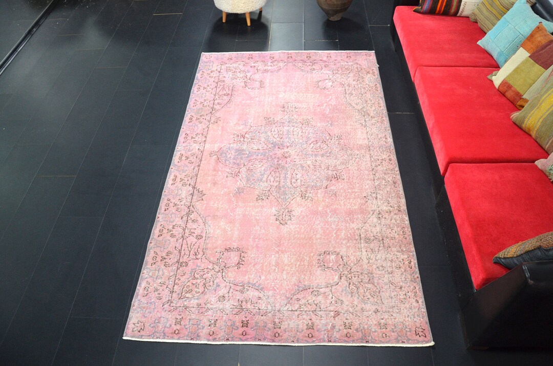Pastel Pink Oushak Faded Rug, Area Turkish Carpet, 5x8 Ft, Boho Decor Handmade Rug, Vintage