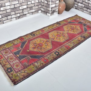 Burgundy & Yellow Hallway Runner Rug, 3x9 Turkish Anatolian Handmade Runner Rug, Wool Oushak Rug, Red Runner Rug, Rustic Decor Long Runner