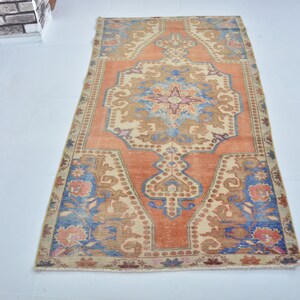 4x7 Orange Modern Low Pile Vintage Carpet, Oushak Rug, Hand-Made Floor Rug, Bedroom Decor Carpet, Antique Unique Rug, 4x7 Wool Overdyed Rug