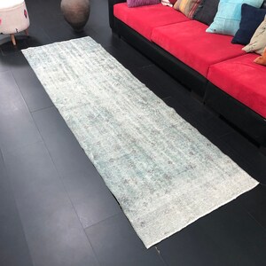 Blue Runner Rug, Overdyed Blue Rug, Vintage Turkish Rug, Boho Runner Rug, Turkish Runner Rug, Faded Hallway Runner Rug, 9.4 ft x 3 ft, C1068