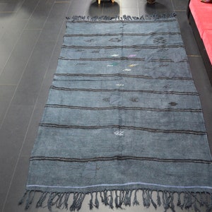 6x9 Vloerkleed, Gestreepte Hennep Tapijt, Handgemaakt Vintage Tapijt, Hennep Tapijt Vintage, Antieke Hennep Geweven Kelim, Oppervlakte Vloerkleed, Turks Antiek Vloerkleed, Antraciet Blauw