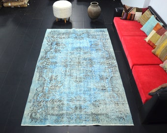 Blue Area Rug, Turkish Overdyed Rug, Vintage Blue Floor Rug, Turkish Carpet, Vintage Boho Rug, Vintage Area Wool Rug, 8.9 ft x 5.4 ft, C1922