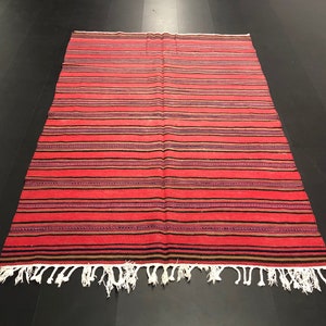Red Striped Patterned Wool Turkish Kilim Rug, Bohemian Home Decor Vintage Rug, Traditional Anatolian Kilim Rug, 7&#39;.3&quot;x4&#39;.7&quot; feet SKU:C133
