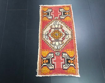 Red Oushak Small Rug, Turkish Rug, Vintage Rug, Red Door Mat Rug, Antique Rug, Small Rug, Ethnic Door Mat Rug, 3.3 ft x 1.6 ft, SKU:17