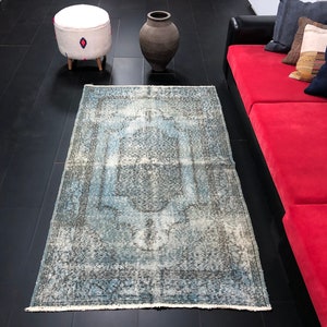 Light Blue Oriental Design Rug, Faded Turkish Rug, Aqua Color Vintage Wool Rug, Oushak Floor Rug, 6'9x4'0 Ft, Aztec Carpet, Livingroom Rug