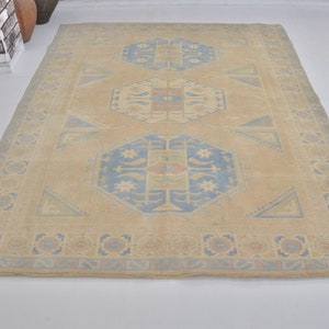 Orange-Blue Turkish Rug, Faded Rug, Bohemian Rug, Oushak Rug, Handmade Rug, Ethnic Wool Rug, Antique Rug, Vintage Carpet, 8 x 6.3 ft, C2038