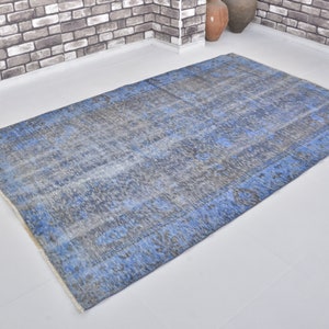 Royal Blue & Gray Oushak Rug, Vintage 5x8 Wool Rug, Handmade Area Carpet, Turkish Blue Living Room Decor Rug, Faded Rug, Tribal Faded Rug