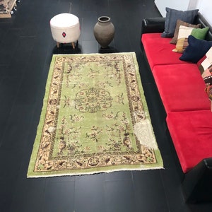 Green Turkish Overdyed Rug, 5x8 Oushak Rug, Handmade Wool Rug, Neutral Rug, Vintage Area Modern Rug, 5x8 Anatolian Faded Green Rug