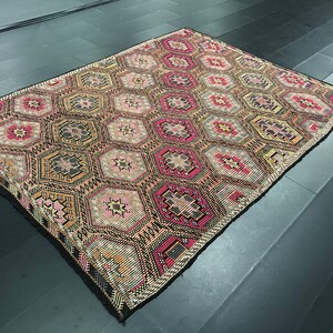 Woven Turkish Kilim Rug, Living Room Kilim, Vintage Turkish Kilim, Goat Hair Area Kilim Rug, Tribal Floor Kilim, 9.1 ft x 6.6 ft, SKU:C499