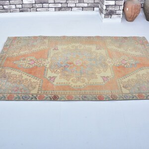 Medallion Designer Orange Decor Wool Rug, Oushak Rug, Modern Handmade Rug, Low Pile Neutral Rug, 4x7 Wool Rug, Living Room Rug, Tribal Rug