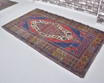 Wool Turkish Area Rug, Handmade Traditional Rug, Red and Blue Oushak Rug, Turkish Antique Carpet, Faded Decor Rug, 8.9 ft x 4.9 ft , SKU:A52