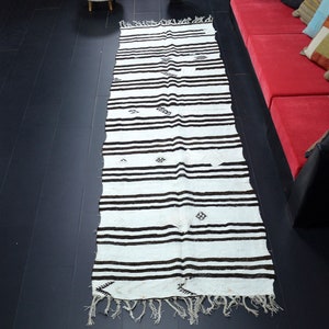 Turkish Hemp Runner Rug, White Organic Hemp Kilim Runner Rug, Traditional Kilim, Hallway Kilim, Striped Design Kilim, 10.7 x 3.4 ft, C1798